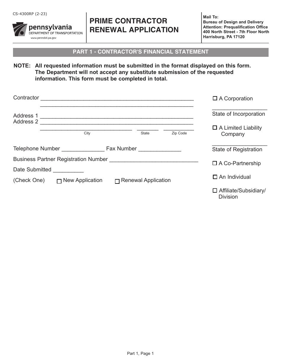 Form CS-4300RP Prime Contractor Renewal Application - Pennsylvania, Page 1