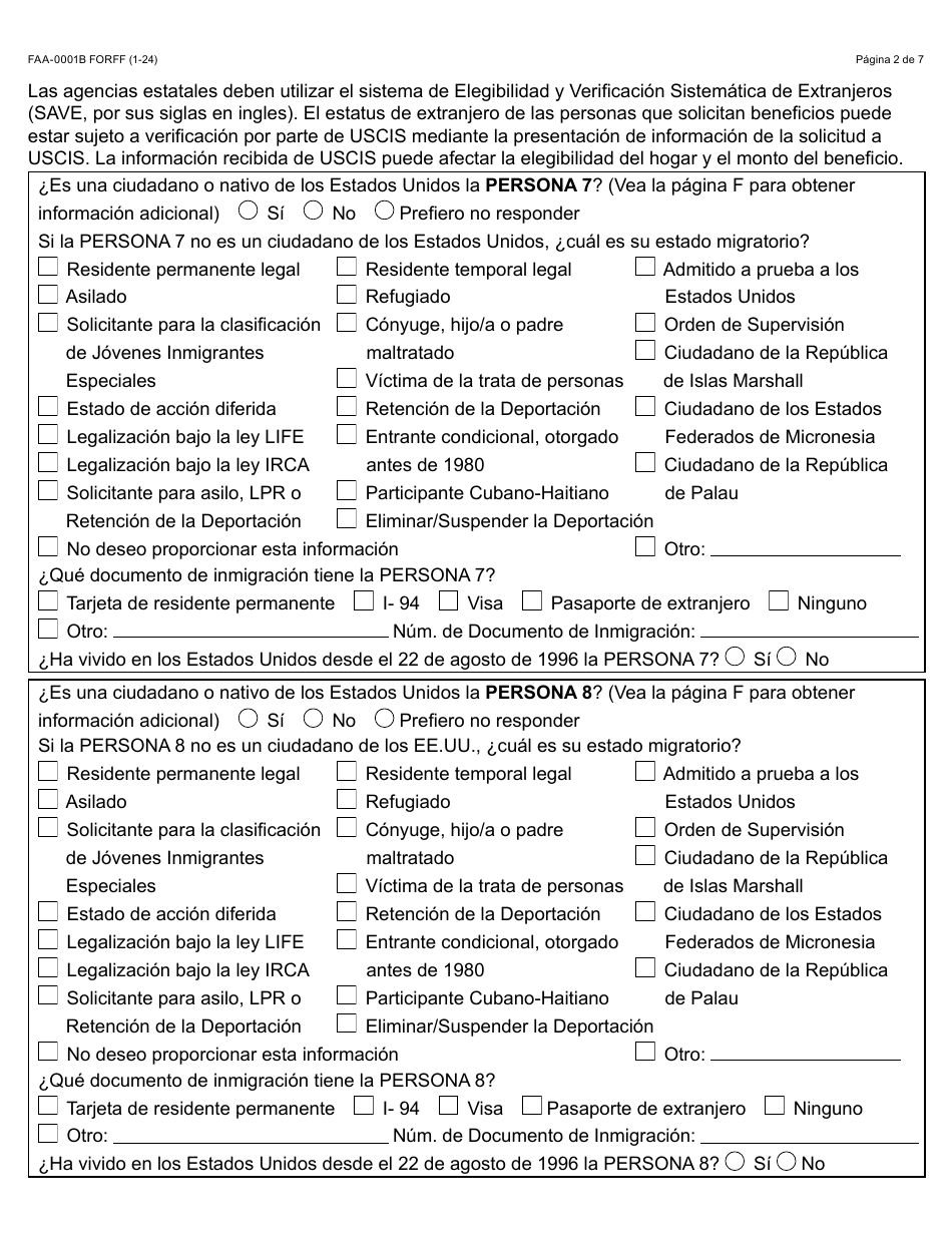 Formulario FAA-0001B-S Anexo De Solicitud De Beneficios - Arizona (Spanish), Page 2