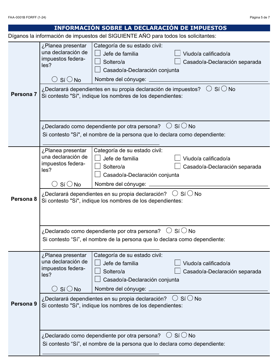 Formulario FAA-0001B-S Anexo De Solicitud De Beneficios - Arizona (Spanish), Page 5