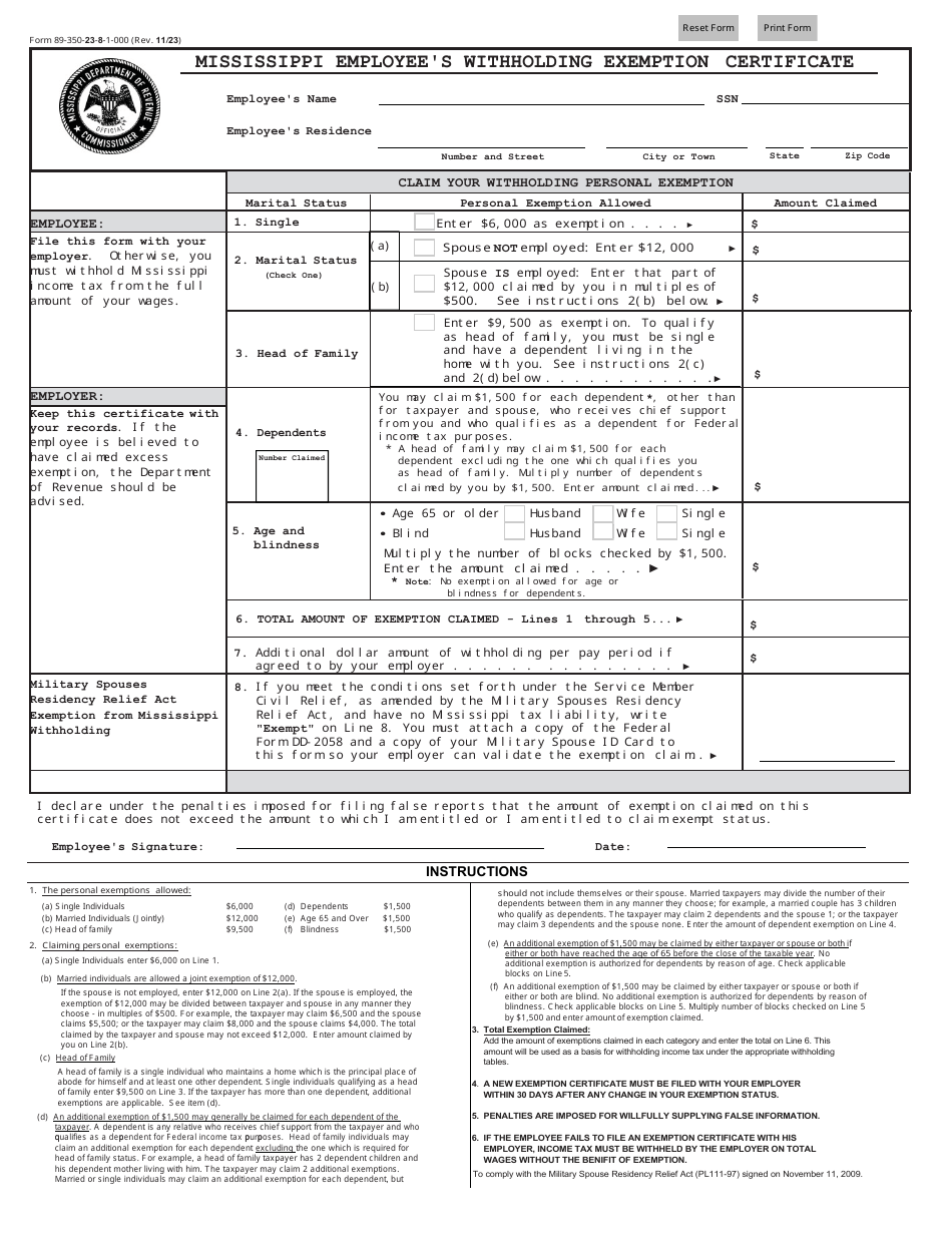 Form 89-350 Mississippi Employees Withholding Exemption Certificate - Mississippi, Page 1