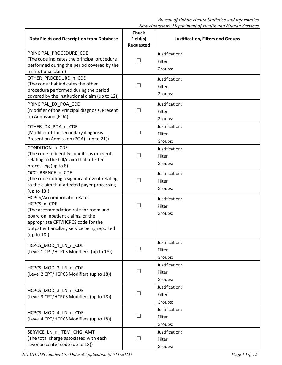 Uniform Healthcare Facility Discharge Data Set (Uhfdds) Limited Use Dataset Application - for Health-Related Research Only - New Hampshire, Page 10