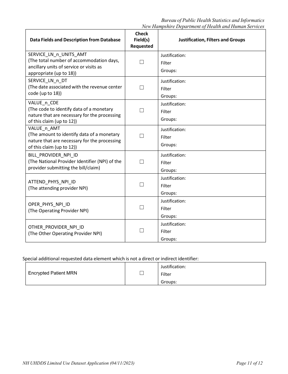Uniform Healthcare Facility Discharge Data Set (Uhfdds) Limited Use Dataset Application - for Health-Related Research Only - New Hampshire, Page 11