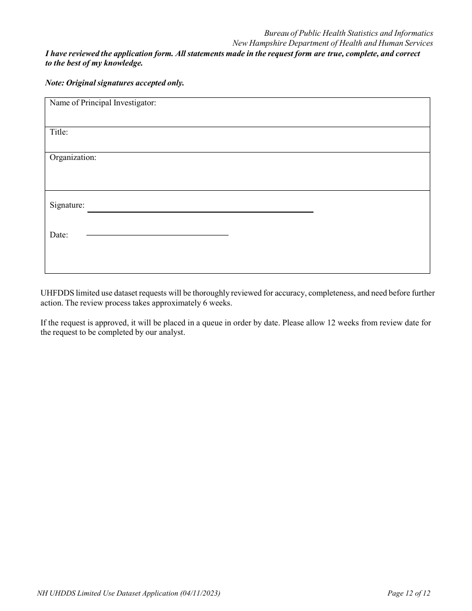 Uniform Healthcare Facility Discharge Data Set (Uhfdds) Limited Use Dataset Application - for Health-Related Research Only - New Hampshire, Page 12