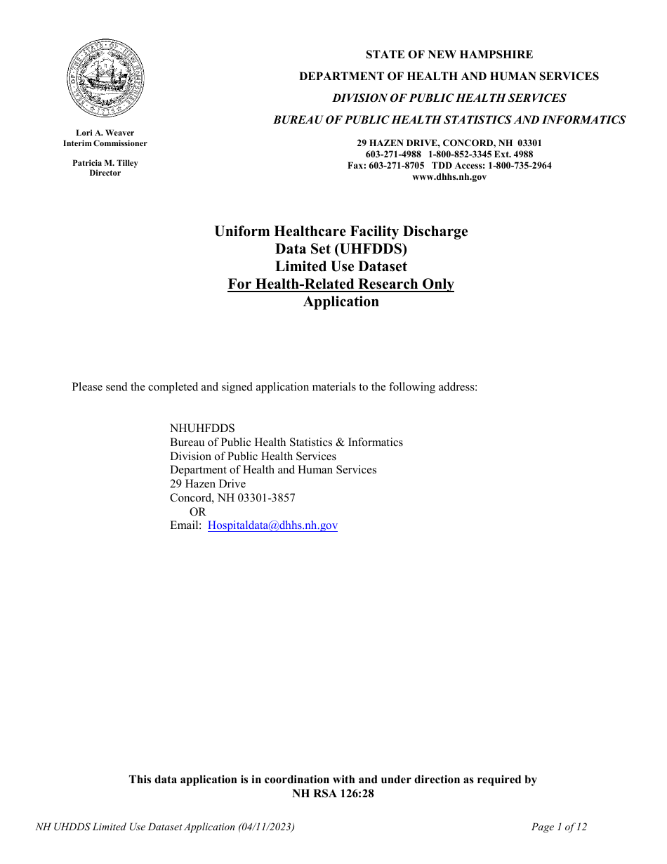 Uniform Healthcare Facility Discharge Data Set (Uhfdds) Limited Use Dataset Application - for Health-Related Research Only - New Hampshire, Page 1