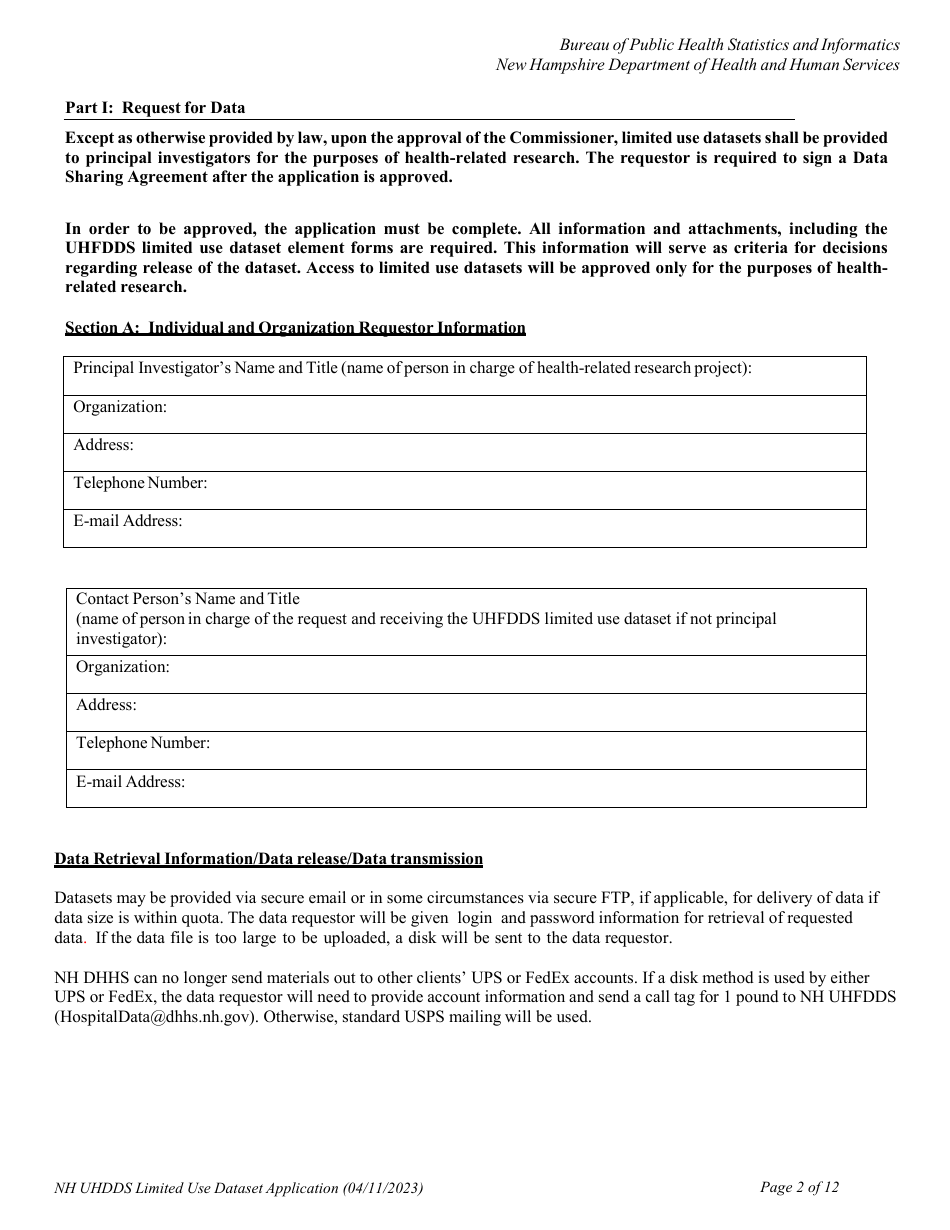 Uniform Healthcare Facility Discharge Data Set (Uhfdds) Limited Use Dataset Application - for Health-Related Research Only - New Hampshire, Page 2