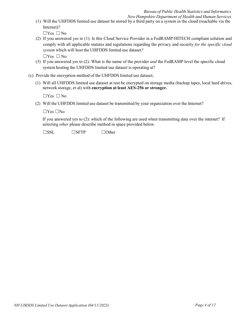 Uniform Healthcare Facility Discharge Data Set (Uhfdds) Limited Use Dataset Application - for Health-Related Research Only - New Hampshire, Page 4