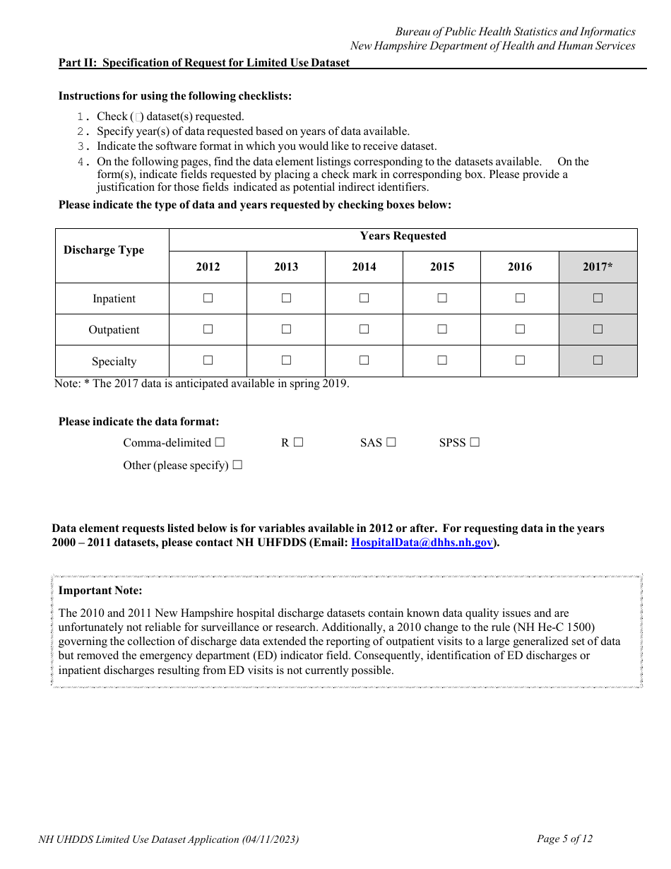Uniform Healthcare Facility Discharge Data Set (Uhfdds) Limited Use Dataset Application - for Health-Related Research Only - New Hampshire, Page 5