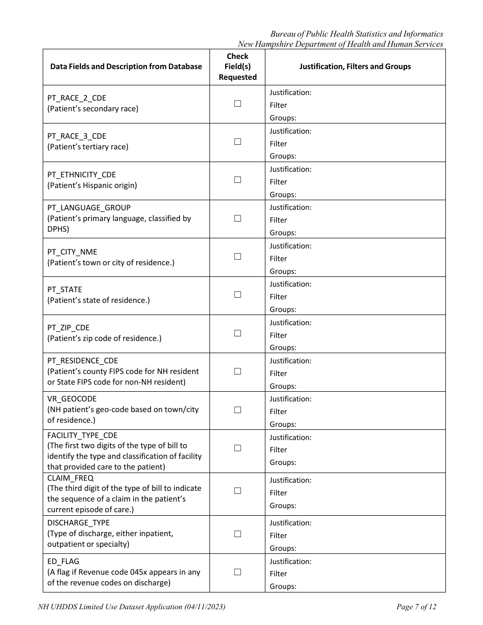 Uniform Healthcare Facility Discharge Data Set (Uhfdds) Limited Use Dataset Application - for Health-Related Research Only - New Hampshire, Page 7