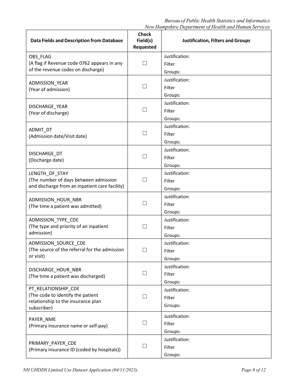Uniform Healthcare Facility Discharge Data Set (Uhfdds) Limited Use Dataset Application - for Health-Related Research Only - New Hampshire, Page 8