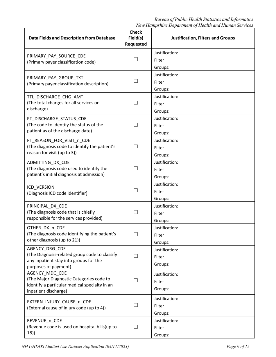 Uniform Healthcare Facility Discharge Data Set (Uhfdds) Limited Use Dataset Application - for Health-Related Research Only - New Hampshire, Page 9