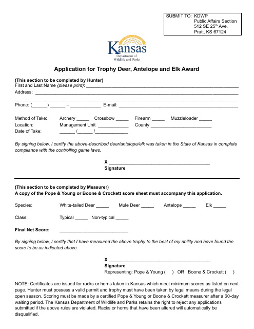 Application for Trophy Deer, Antelope and Elk Award - Kansas