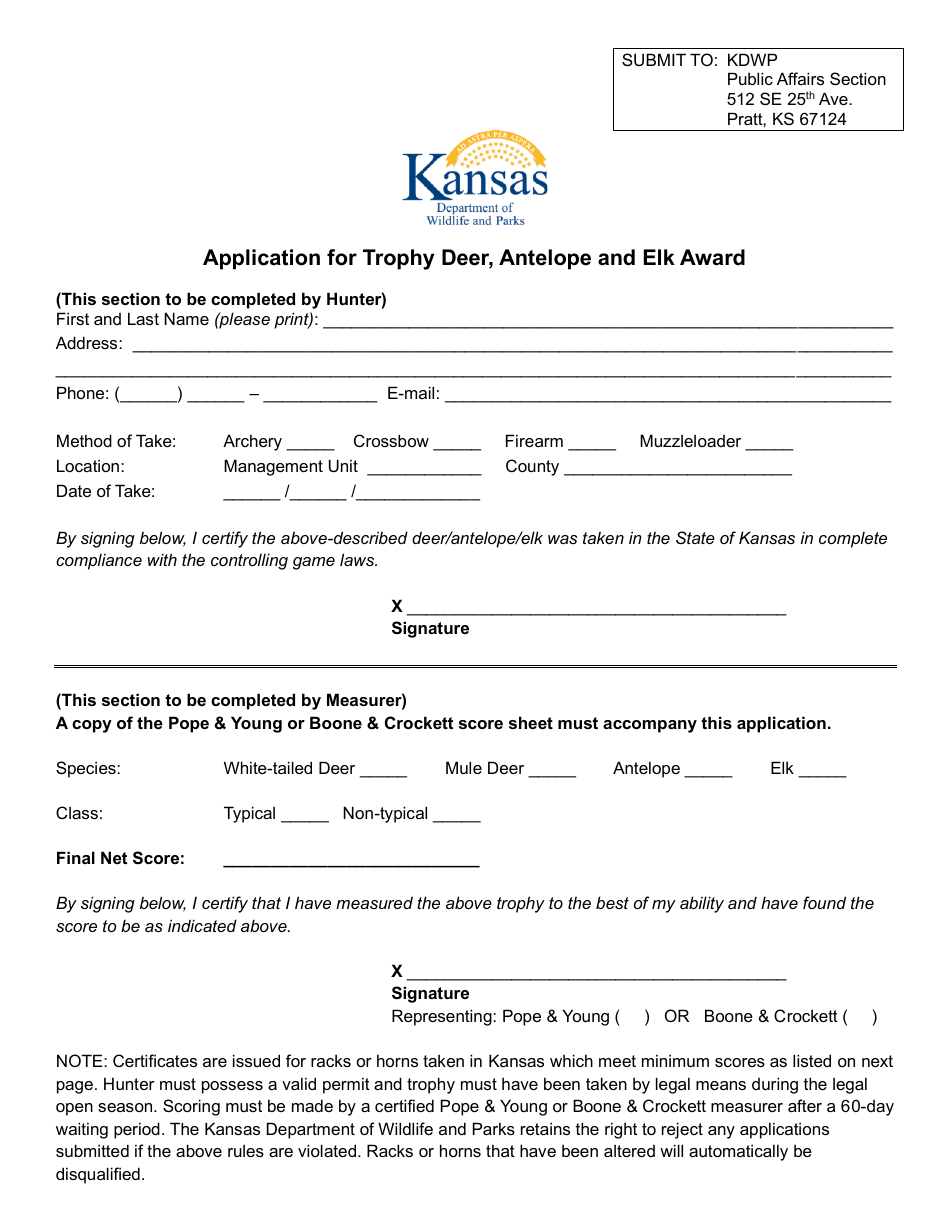 Application for Trophy Deer, Antelope and Elk Award - Kansas, Page 1