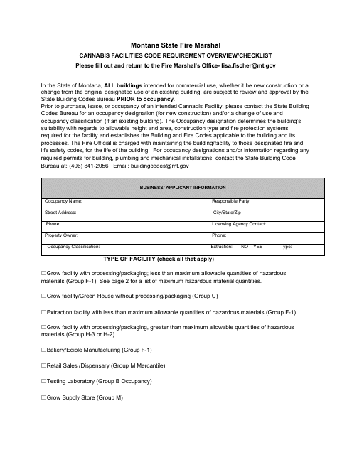 Cannabis Facilities Code Requirement Overview / Checklist - Montana Download Pdf