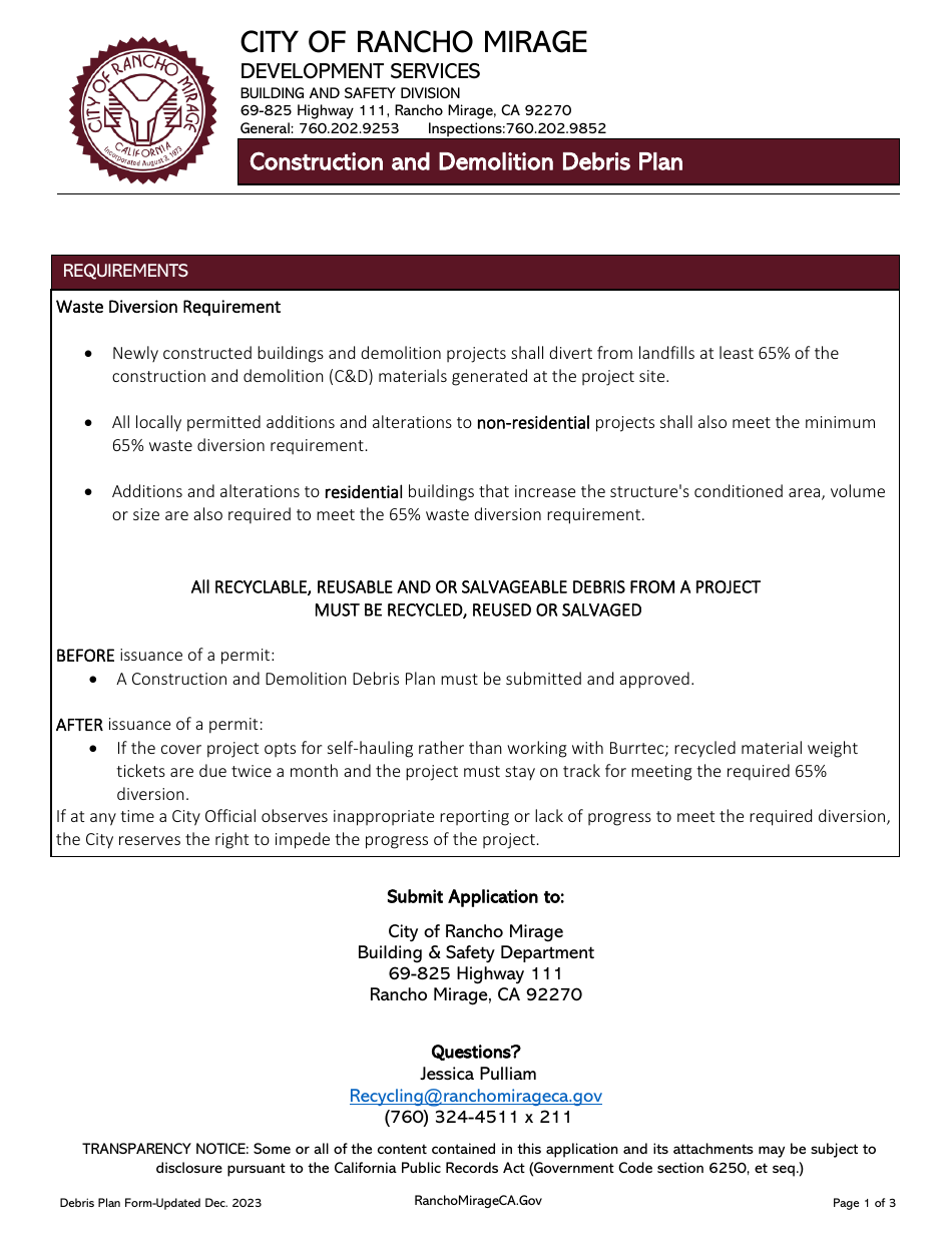 Construction and Debris Plan - City of Rancho Mirage, California, Page 1