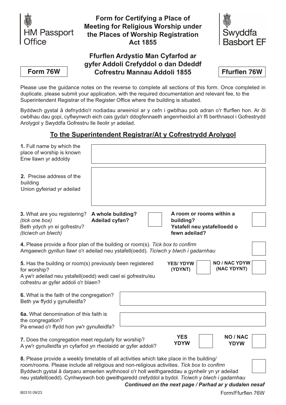 Form 76W Form for Certifying a Place of Meeting for Religious Worship Under the Places of Worship Registration Act 1855 - United Kingdom (English / Welsh), Page 1