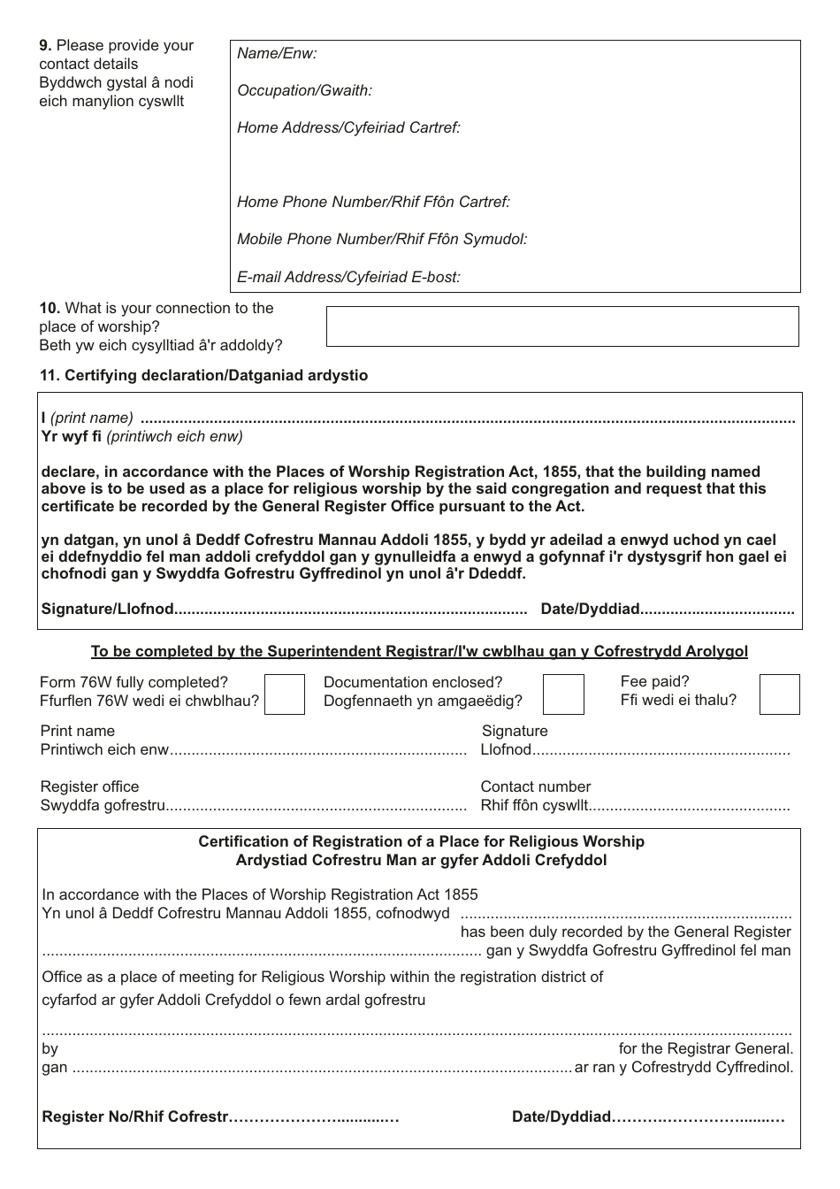 Form 76W Form for Certifying a Place of Meeting for Religious Worship Under the Places of Worship Registration Act 1855 - United Kingdom (English / Welsh), Page 2