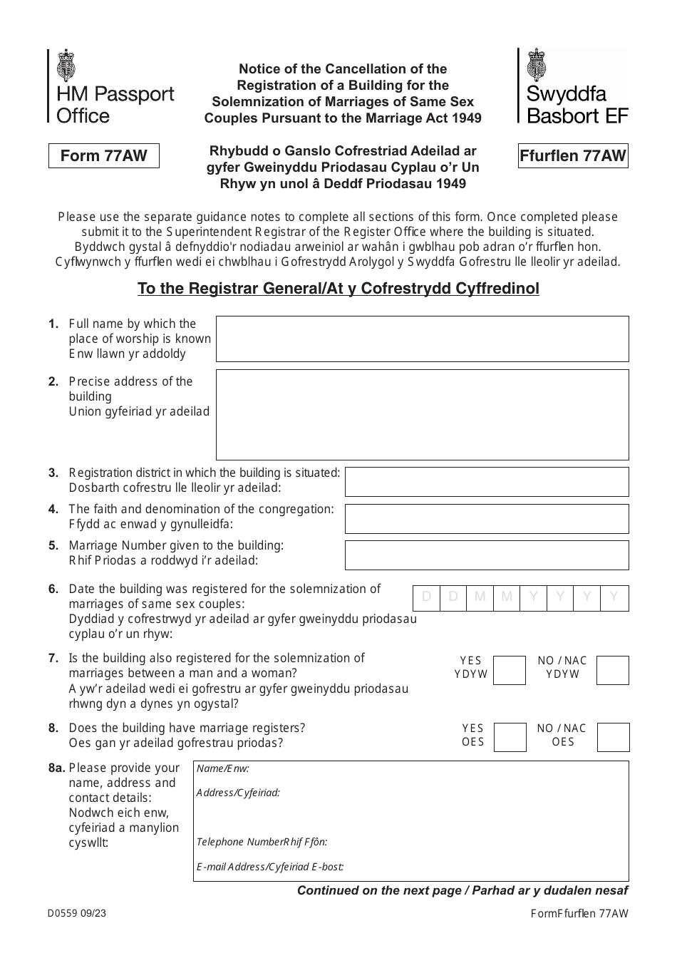 Form 77AW Notice of the Cancellation of the Registration of a Building for the Solemnization of Marriages of Same Sex Couples Pursuant to the Marriage Act 1949 - United Kingdom (English / Welsh), Page 1