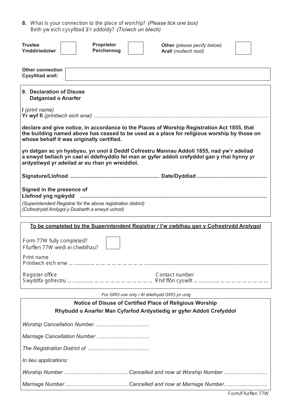 Form 77W Notice of the Disuse of a Certified Place of Meeting for Religious Worship Pursuant to the Places of Worship Registration Act 1855 - United Kingdom (English / Welsh), Page 2