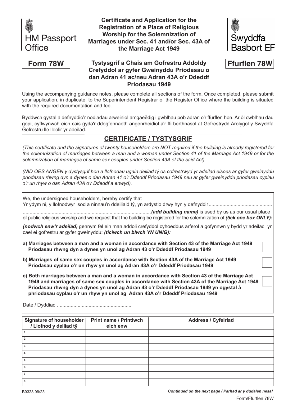 Form 78W Certificate and Application for the Registration of a Place of Religious Worship for the Solemnization of Marriages Under SEC. 41 and / or SEC. 43a of the Marriage Act 1949 - United Kingdom (English / Welsh), Page 1
