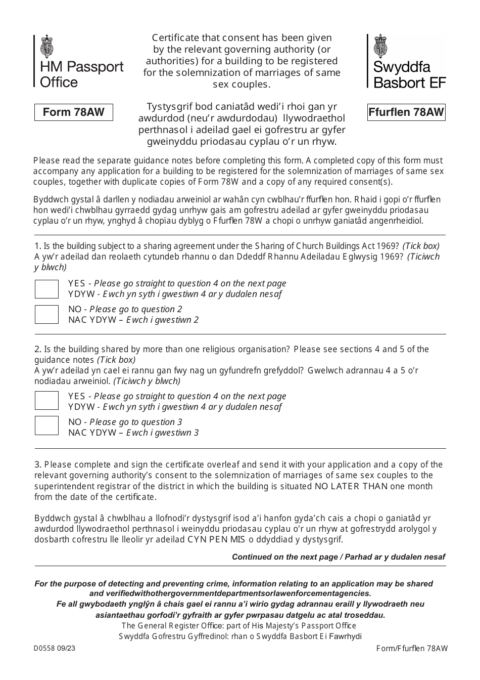 Form 78AW Certificate That Consent Has Been Given by the Relevant Governing Authority (Or Authorities) for a Building to Be Registered for the Solemnization of Marriages of Same Sex Couples - United Kingdom (English / Welsh), Page 1