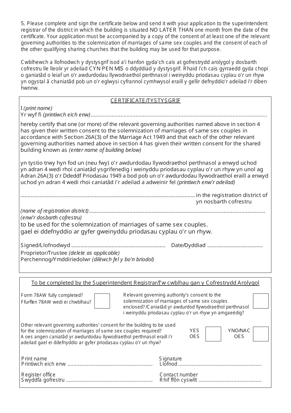 Form 78AW Certificate That Consent Has Been Given by the Relevant Governing Authority (Or Authorities) for a Building to Be Registered for the Solemnization of Marriages of Same Sex Couples - United Kingdom (English / Welsh), Page 3