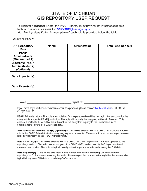 Form SNC830 Data Importer Psap Permissions Request Form - Michigan