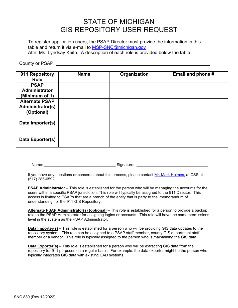Form SNC830 Data Importer Psap Permissions Request Form - Michigan, Page 1