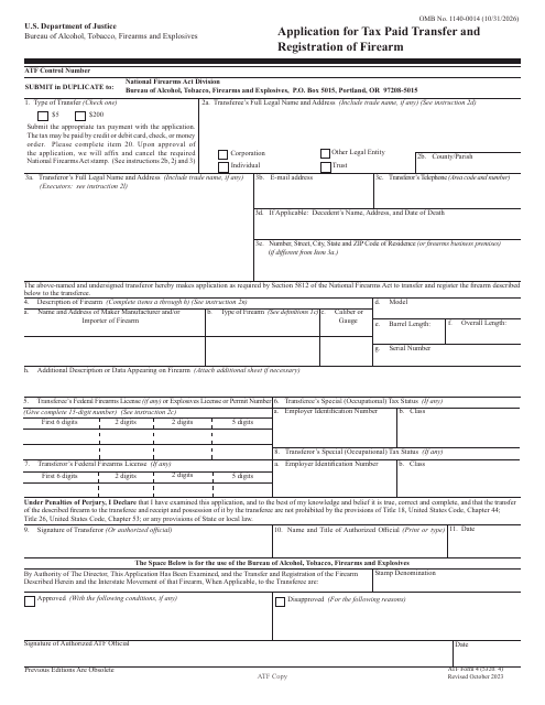 ATF Form 4 (5320.4) Application for Tax Paid Transfer and Registration of Firearm