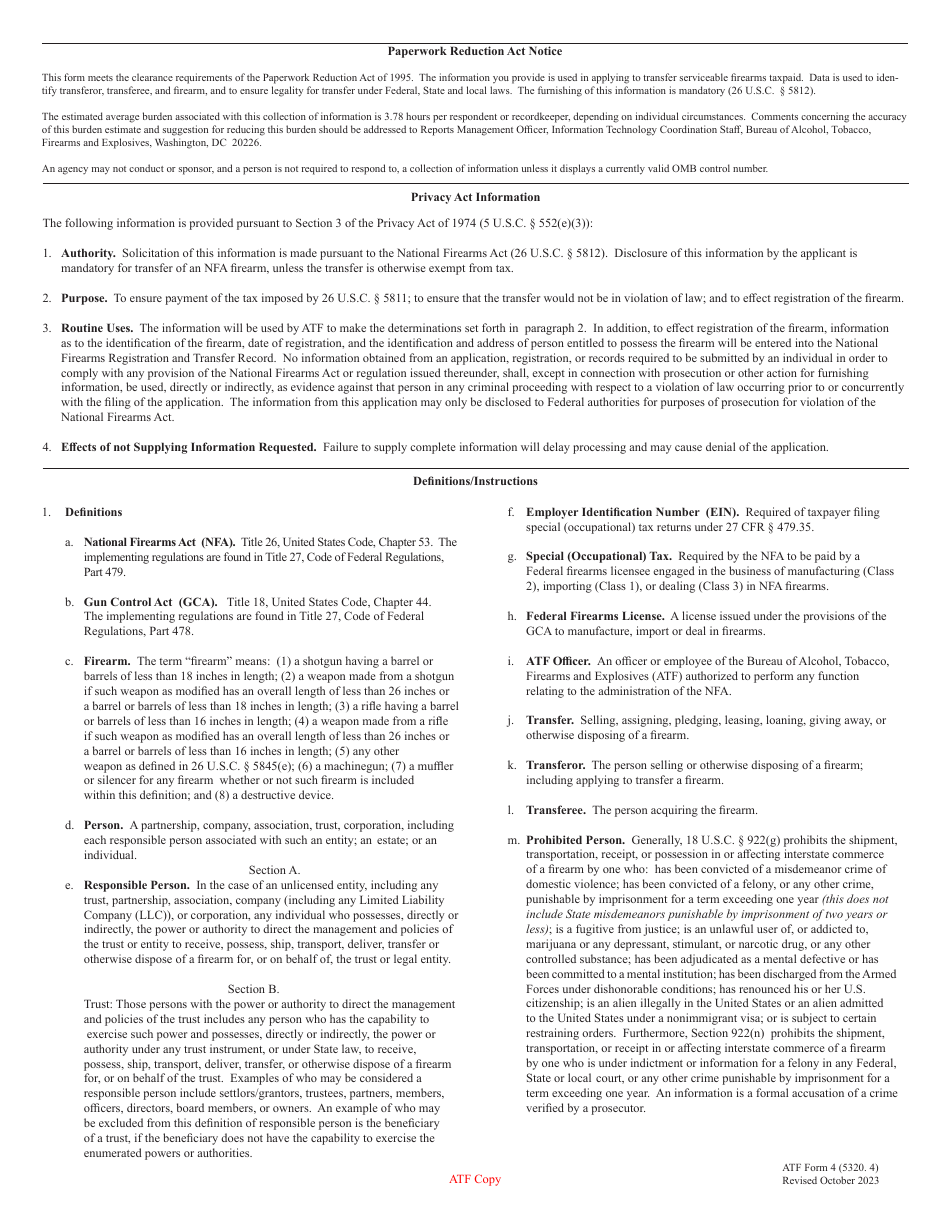 ATF Form 4 (5320.4) Application for Tax Paid Transfer and Registration of Firearm, Page 4