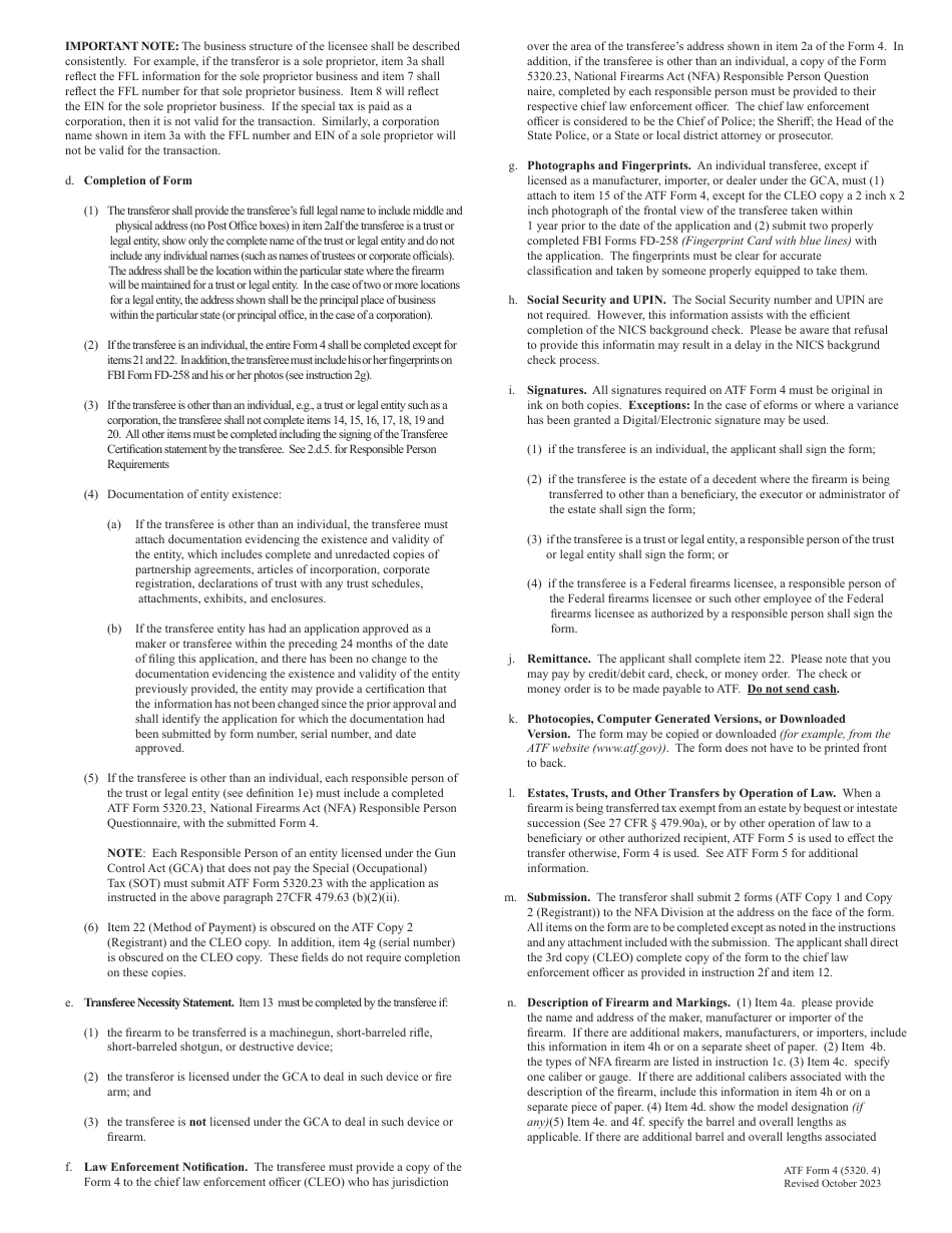 ATF Form 4 (5320.4) Application for Tax Paid Transfer and Registration of Firearm, Page 6