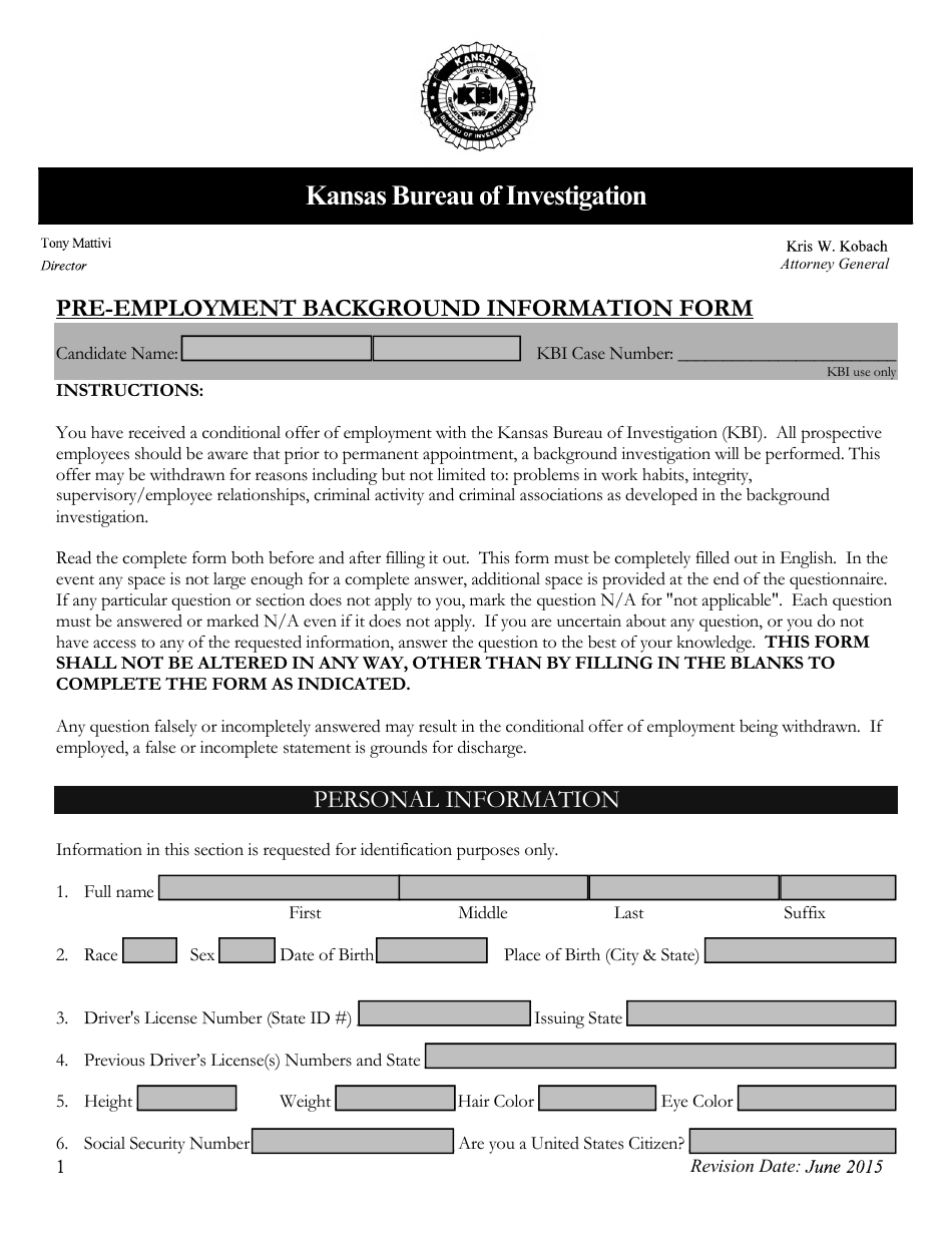 Pre-employment Background Information Form - Kansas, Page 1