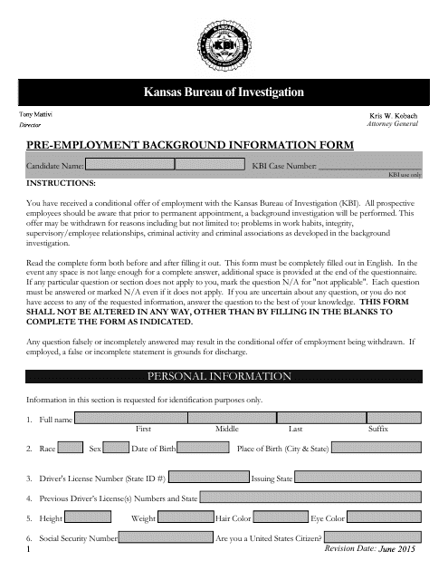 Pre-employment Background Information Form - Kansas Download Pdf