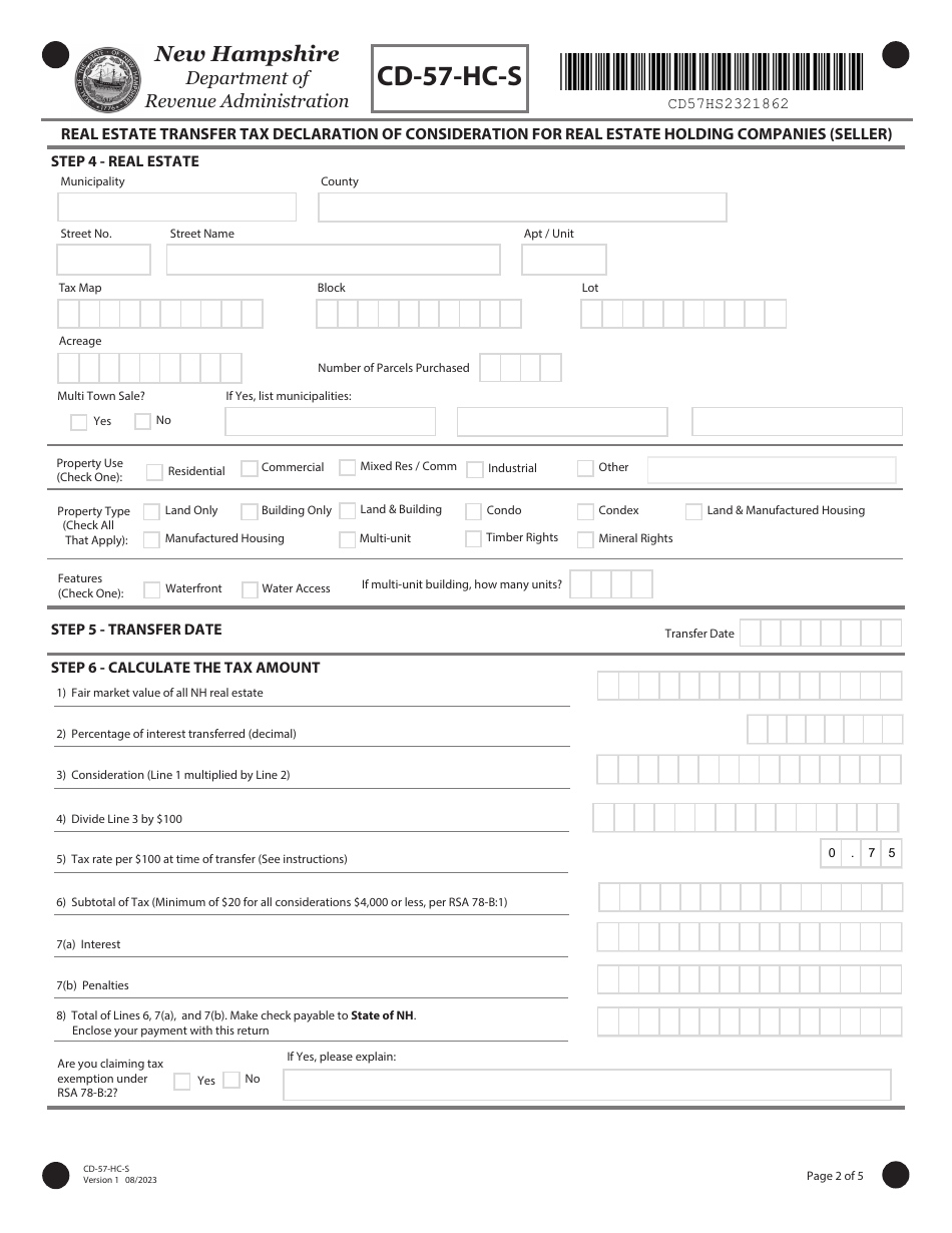 Form CD-57-HC-S Real Estate Transfer Tax Declaration of Consideration for Real Estate Holding Companies (Seller) - New Hampshire, Page 2