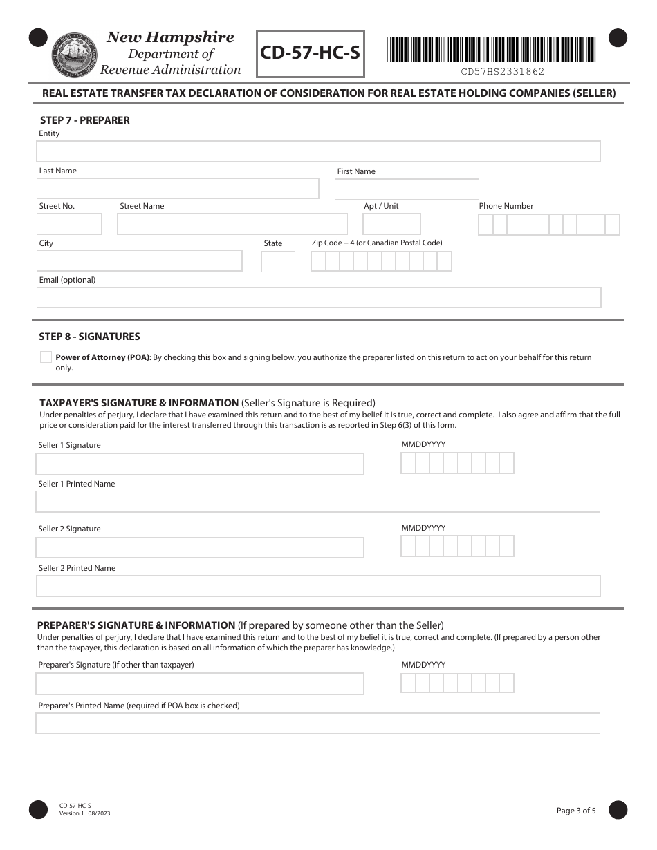 Form CD-57-HC-S Real Estate Transfer Tax Declaration of Consideration for Real Estate Holding Companies (Seller) - New Hampshire, Page 3