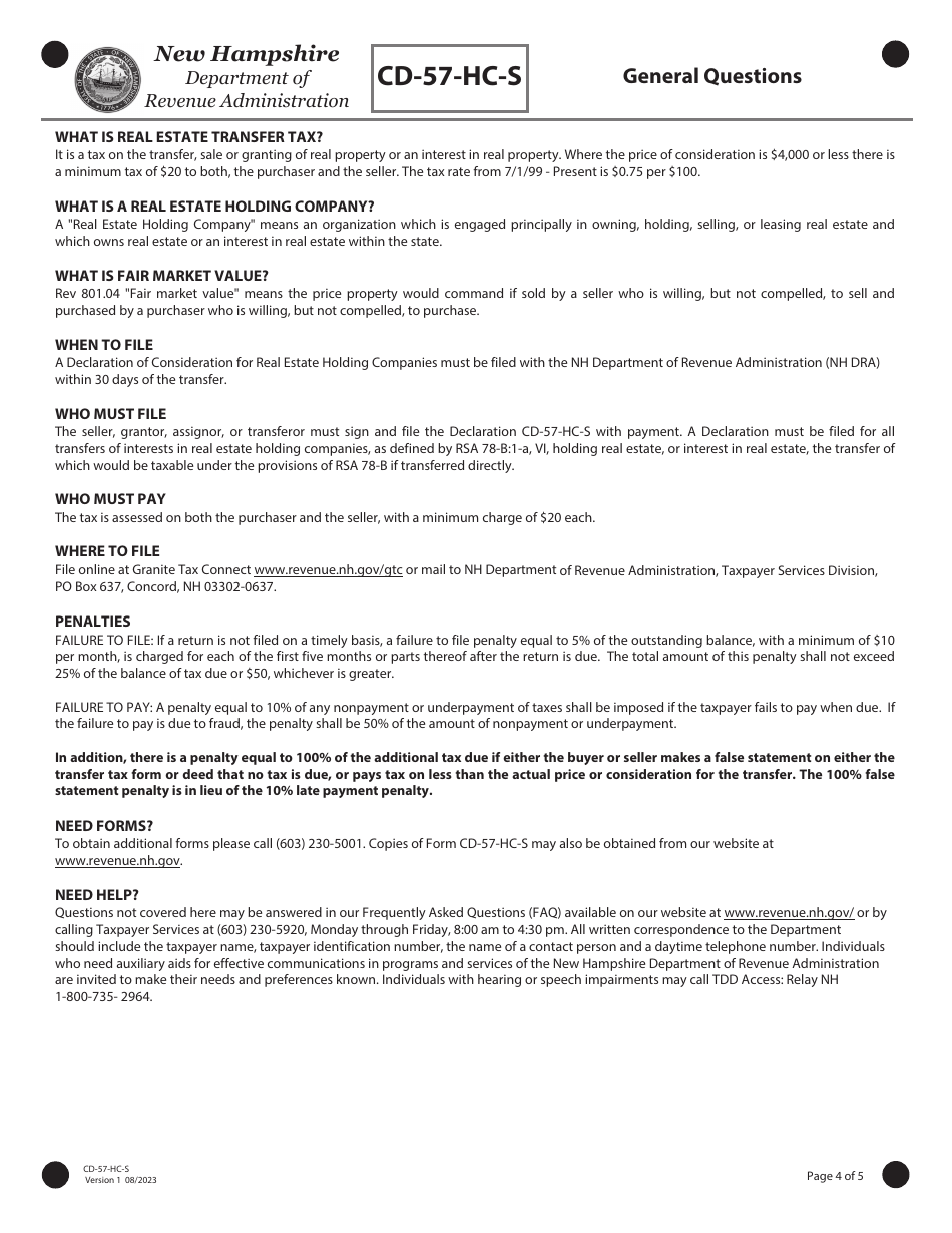 Form CD-57-HC-S Real Estate Transfer Tax Declaration of Consideration for Real Estate Holding Companies (Seller) - New Hampshire, Page 4