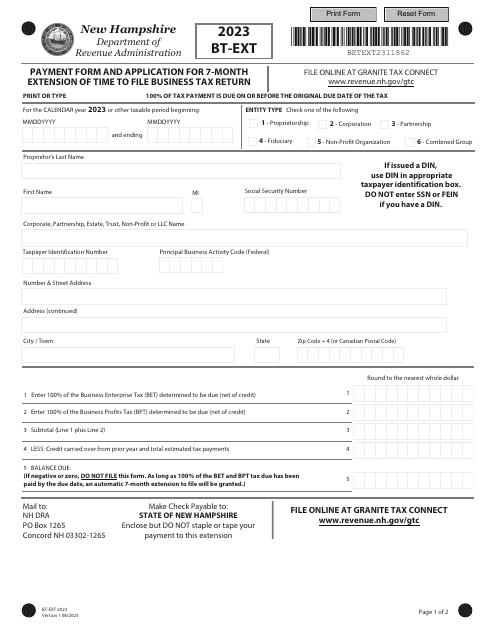 Form BT-EXT Payment Form and Application for 7-month Extension of Time to File Business Tax Return - New Hampshire, 2023
