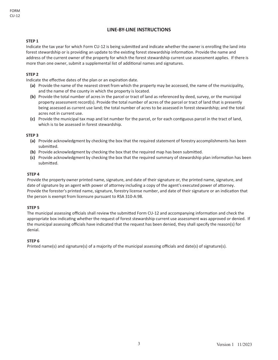 Form CU-12 Summary of Forest Stewardship Plan for Current Use Assessment - New Hampshire, Page 3