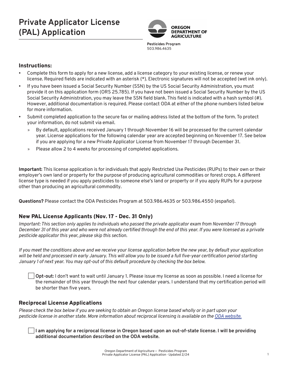 Private Applicator License (Pal) Application - Oregon, Page 1