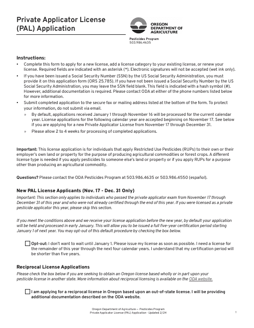 Private Applicator License (Pal) Application - Oregon