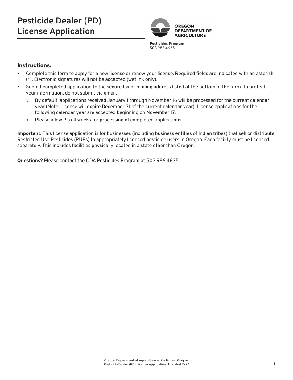 Pesticide Dealer (Pd) License Application - Oregon, Page 1