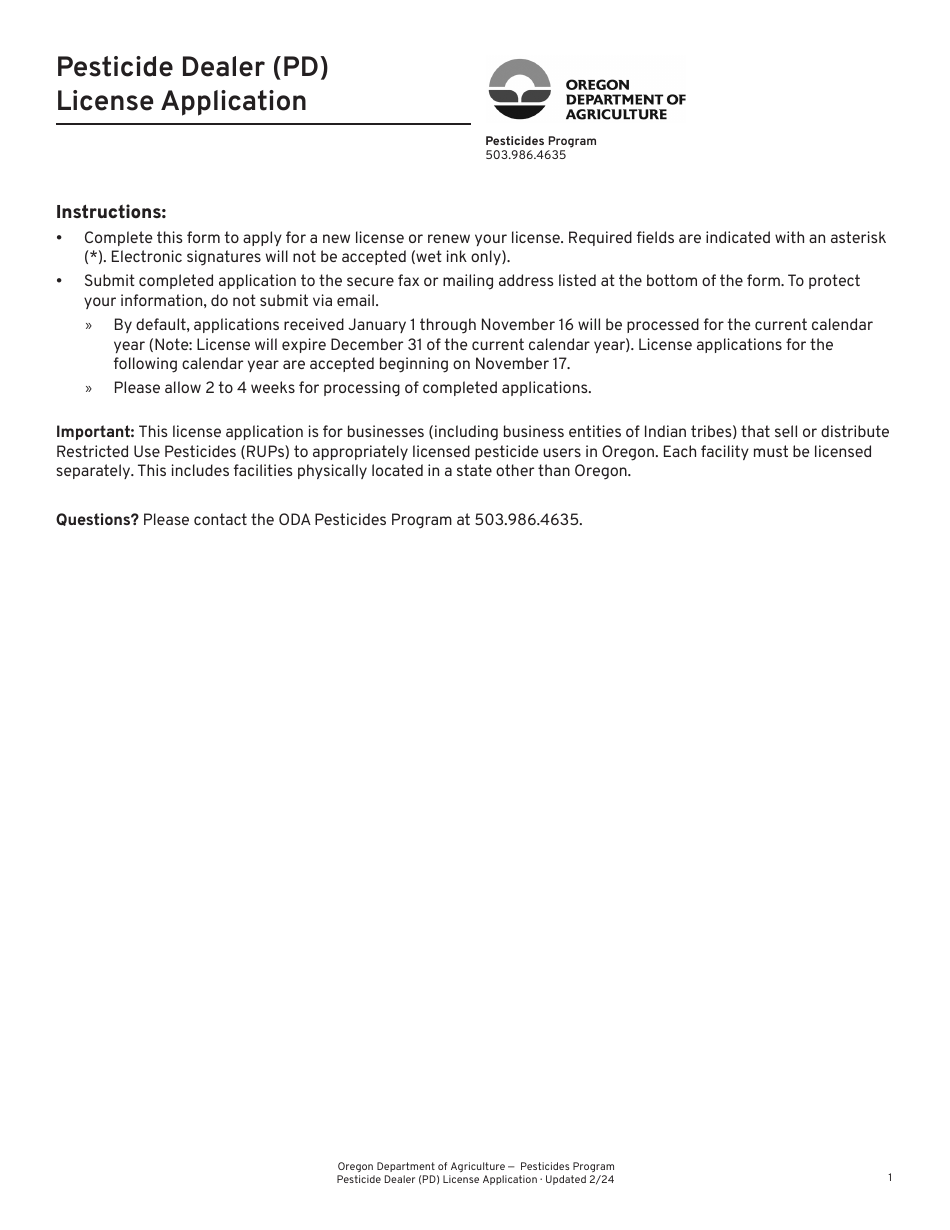 Oregon Pesticide Dealer (Pd) License Application Download Fillable PDF