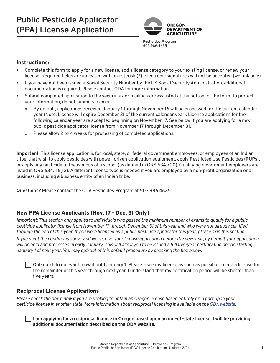 Public Pesticide Applicator (Ppa) License Application - Oregon, Page 1