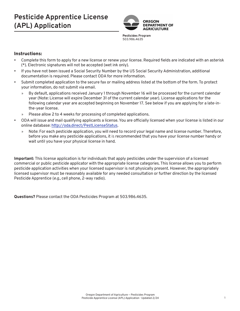 Pesticide Apprentice License (Apl) Application - Oregon, Page 1