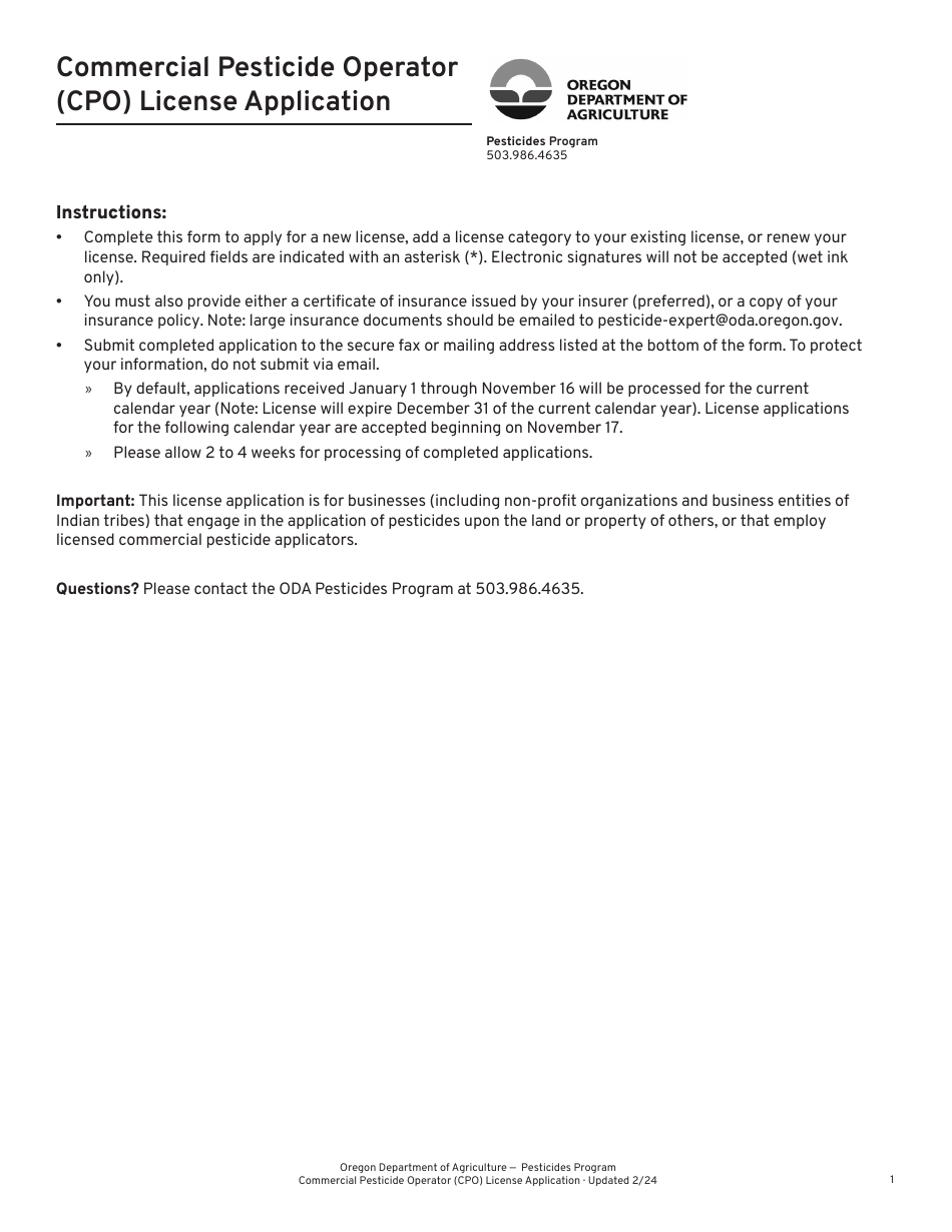 Commercial Pesticide Operator (Cpo) License Application - Oregon, Page 1