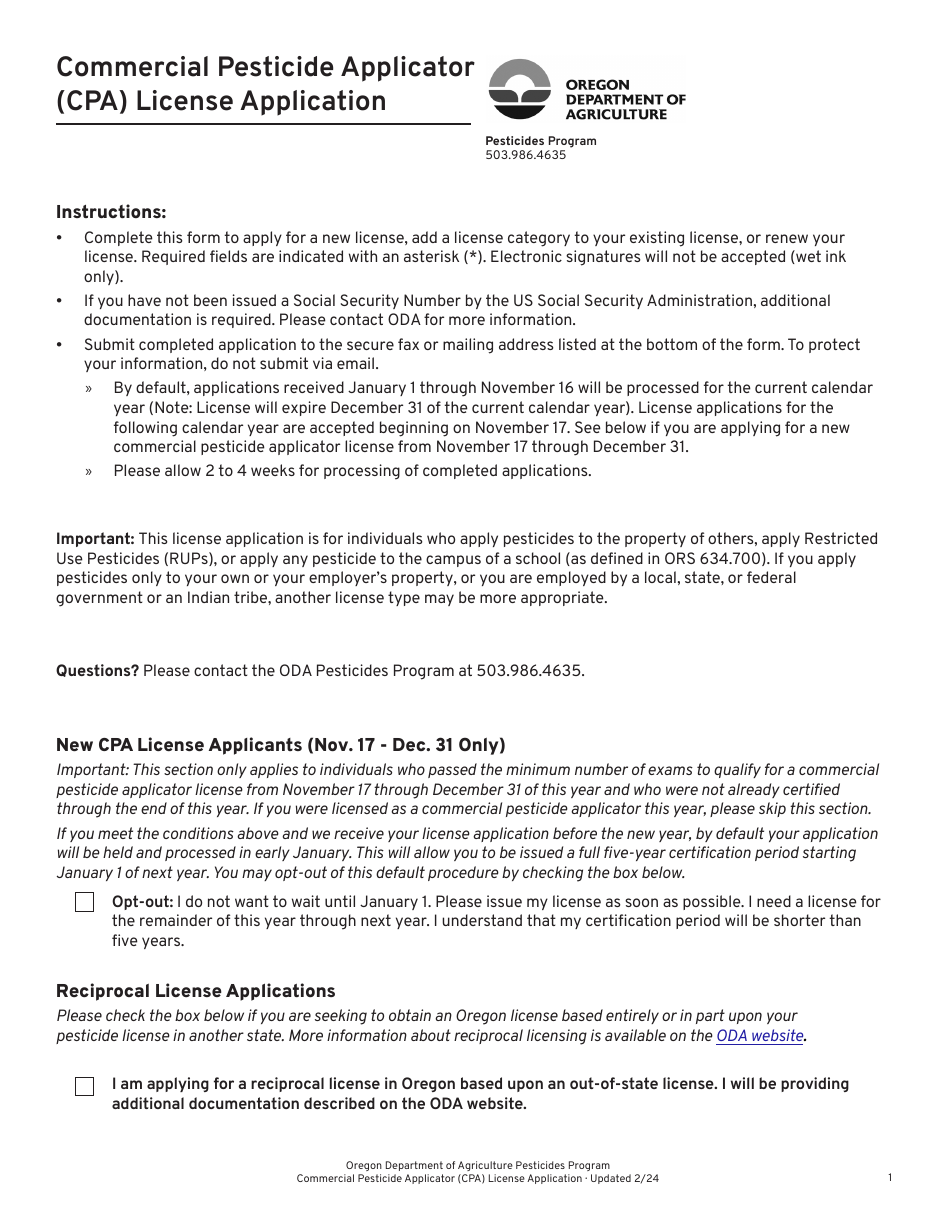 Oregon Commercial Pesticide Applicator (CPA) License Application