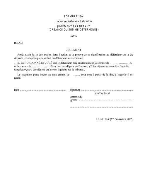 Forme 19A Jugement Par Defaut (Creance Ou Somme Determinee) - Ontario, Canada (French)