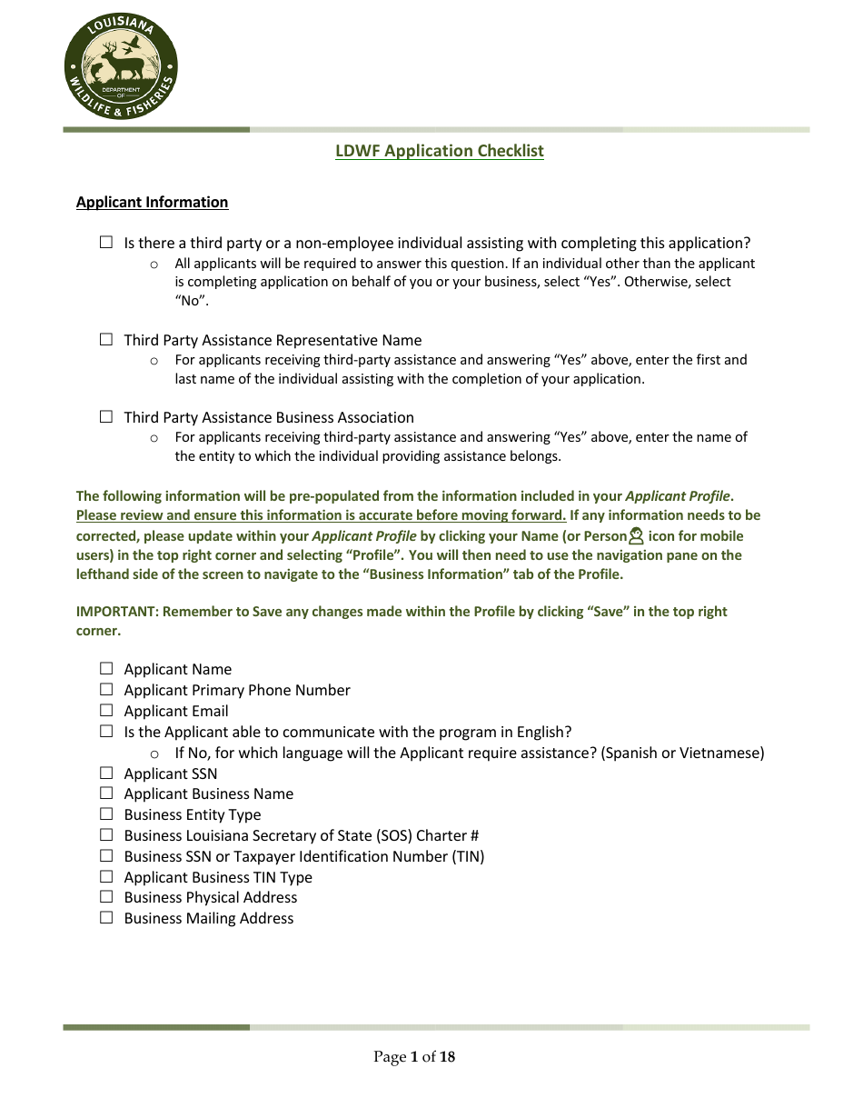 Ldwf Application Checklist - Louisiana, Page 1