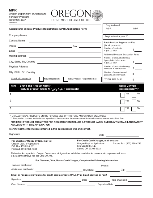Agricultural Mineral Product Registration (Mpr) Application Form - Oregon Download Pdf