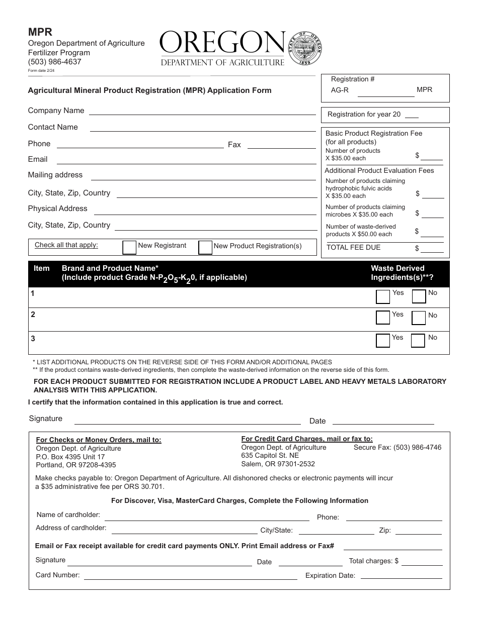 Agricultural Mineral Product Registration (Mpr) Application Form - Oregon, Page 1
