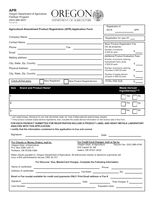 Agricultural Amendment Product Registration (Apr) Application Form - Oregon